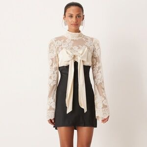 For Love & Lemons Ivory Lace Top Black Satin Mini Dress with Bow